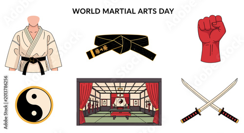 Photography Martial artsthemed graphic with a gi belt fist yinyang symbol dojo interior and