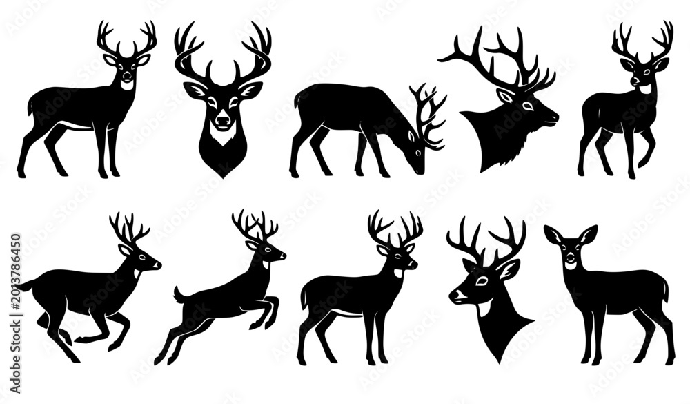 Fototapeta premium Minimal deer and elk full body silhouette vector icons for wildlife and forest themed designs