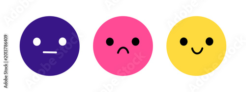 Vector set of three round emoji face illustration in purple, pink and yellow. Neutral, sad, happy mood icon collection for feedback, rating, mental health and children education design in flat style.
