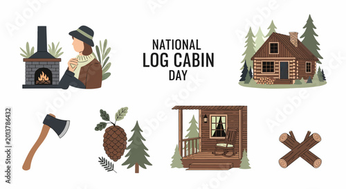 Картината върху платно National Log Cabin Day elements including a cabin fireplace axe pinecone porch a