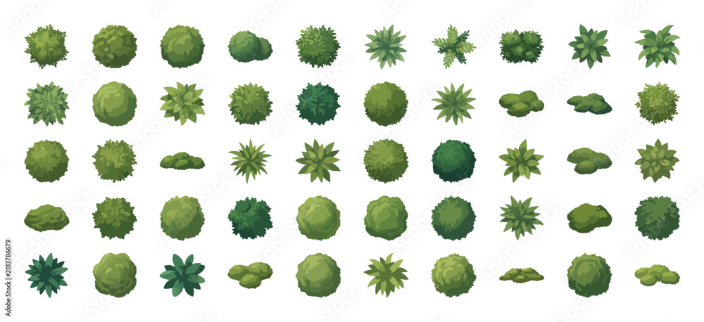 Fototapeta premium Top view landscape trees and bushes, 50 green garden plant icons for site plan, architectural vegetation symbols for masterplan design vector
