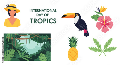 Cuadro en lienzo Tropical vector illustrations featuring a woman toucan pineapple flowers jungle