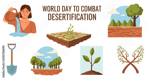 Obraz na płótnie Vector illustrations for World Day to Combat Desertification featuring trees dry