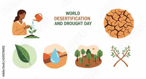 Foto World Desertification and Drought Day illustration with icons of a woman waterin