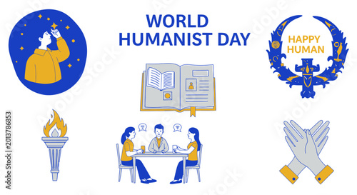 Bilde på lerret World Humanist Day poster with symbols of a torch open book crossed hands and pe