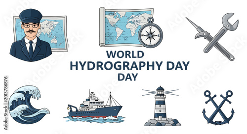 Fotografie World Hydrography Day graphic featuring a sailor world map ship lighthouse ancho