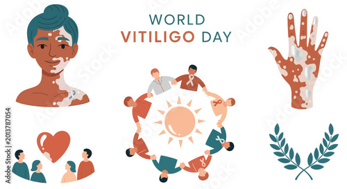Bild auf Leinwand World Vitiligo Day illustration with a woman hand and people in a circle featuri