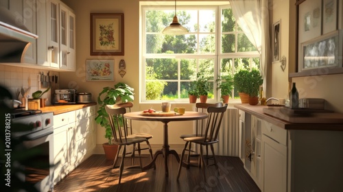 Sunny, cozy kitchen with garden view, breakfast at small table