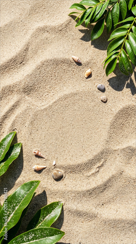 Tropical Green Leaves On Beach Sand. Fresh tropical green leaves arranged on warm textured beach sand in the sun