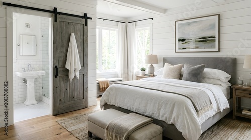 Modern farmhouse bedroom with barn door and en suite bathroom