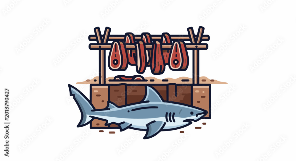 Fototapeta premium A shark swims by a drying rack holding raw steaks