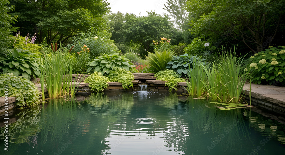 Fototapeta premium Serene garden pond with lush greenery.