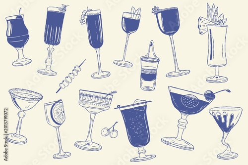 Modern cocktail glass doodle set with martini and sparkling drinks