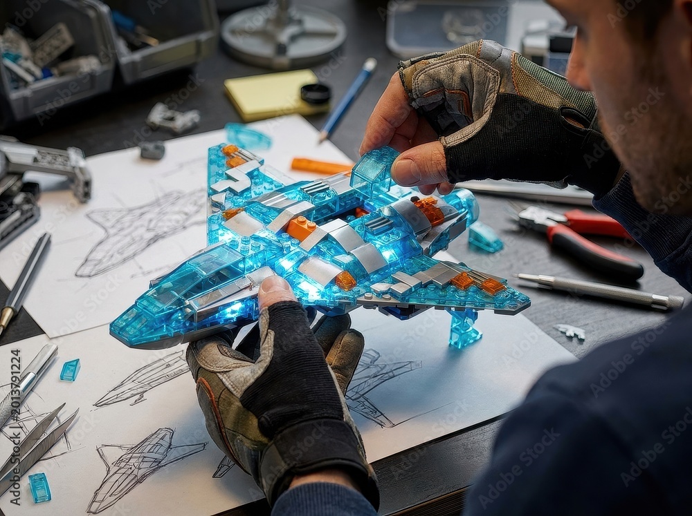 Fototapeta premium Hands assembling LEGO blocks into model aircraft, creative play and construction