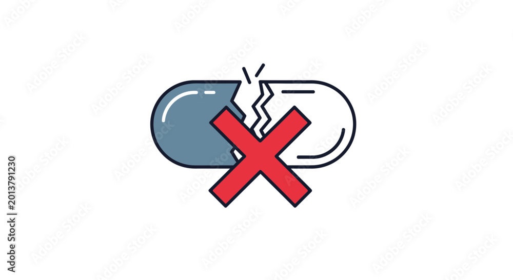 Obraz premium Broken Pill Icon with Red Cross
