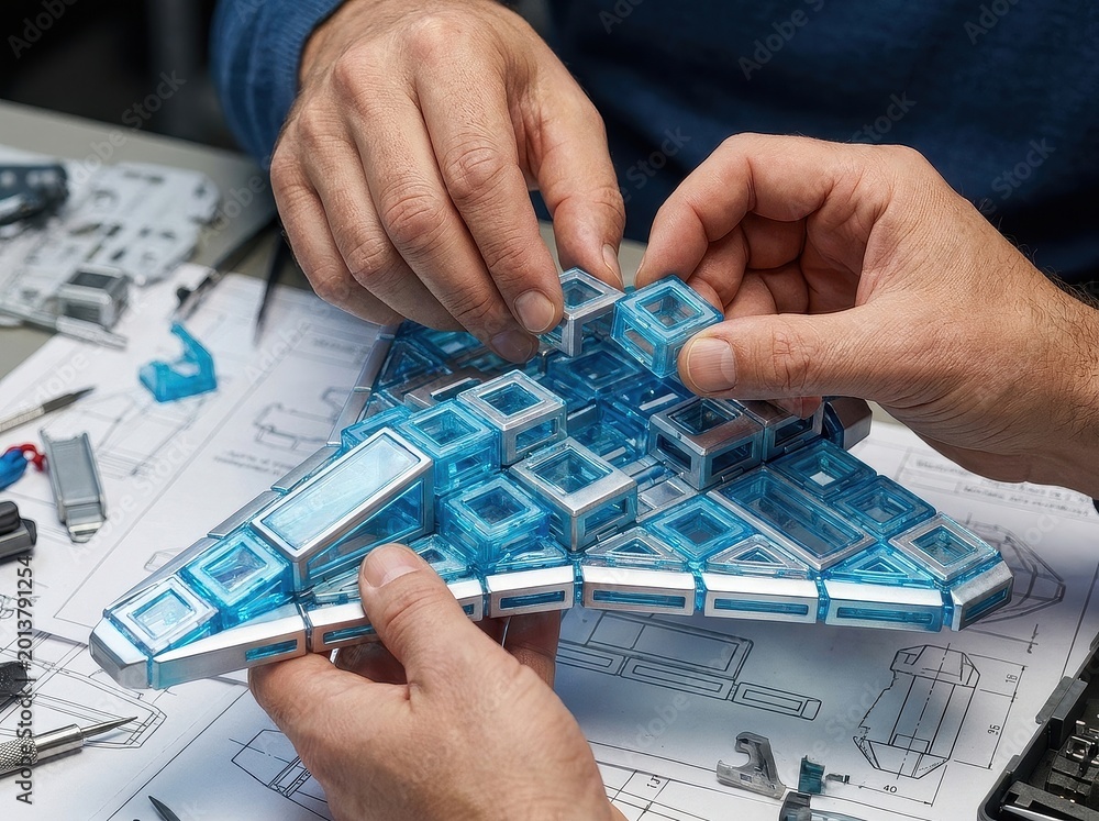 Fototapeta premium Hands putting LEGO pieces together, building model aircraft creatively