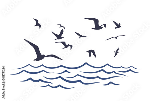 The seascape with seagulls flight.
