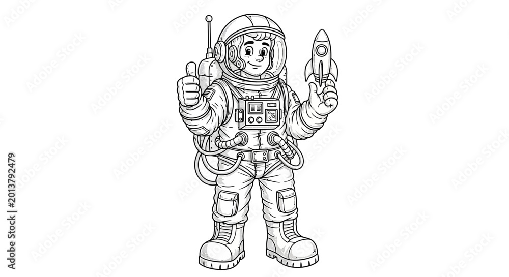 Fototapeta premium Astronaut with Rocket and Thumbs Up, Vector Line Art