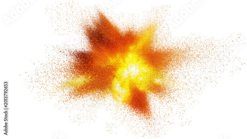 Isolated fiery explosion of orange and yellow powder particles with dynamic burst effect