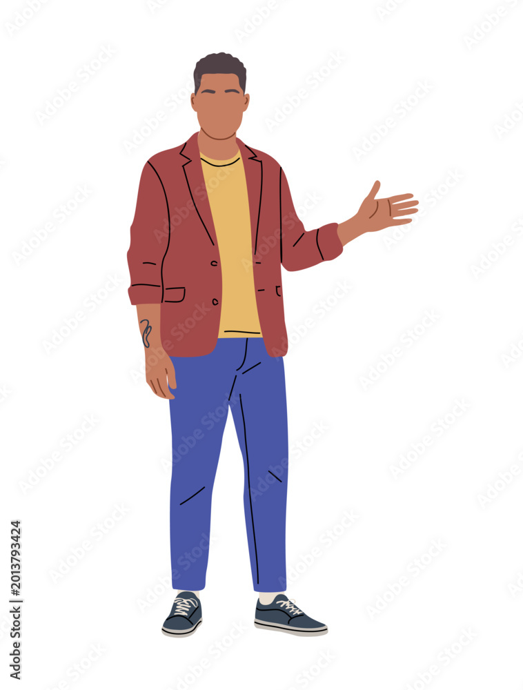 Naklejka premium Man gestures warmly with open hand. Wears red jacket, yellow shirt, blue pants. Dressed casually, standing against plain background. Looks relaxed, inviting, friendly gesture shown
