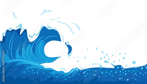 Billede på lærred Stylized Blue Ocean Wave Splash Illustration with Brush Stroke Texture, Powerful