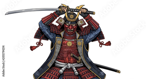 Samurai warrior in traditional armor raising katana sword, ready for battle