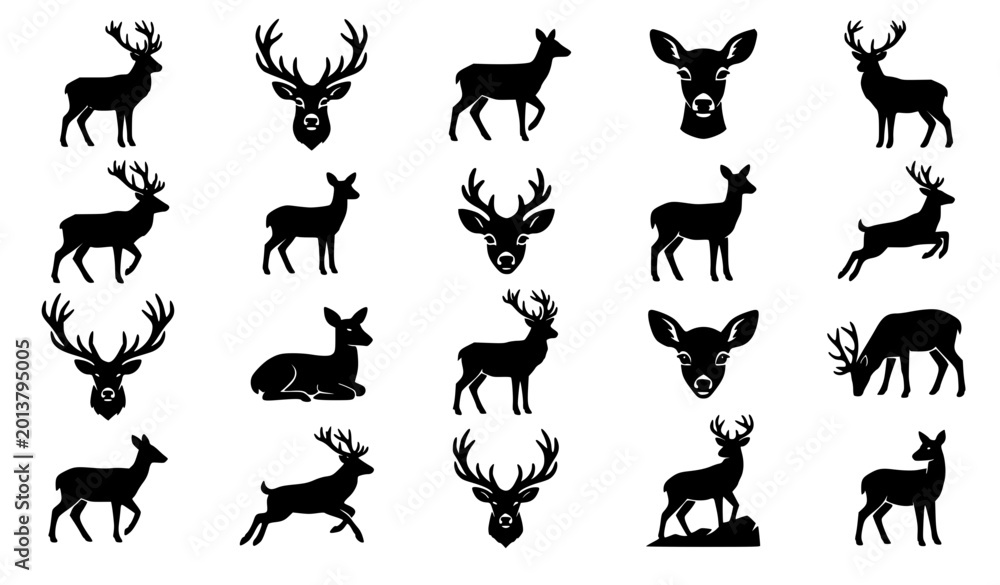 Fototapeta premium Deer and stag silhouette icon vector set with antlers isolated on white background