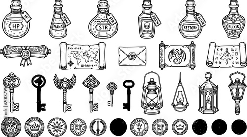 Black line medieval fantasy objects vector set, potion bottles, scrolls, keys, lanterns and coins in RPG game asset outline style isolated on white background