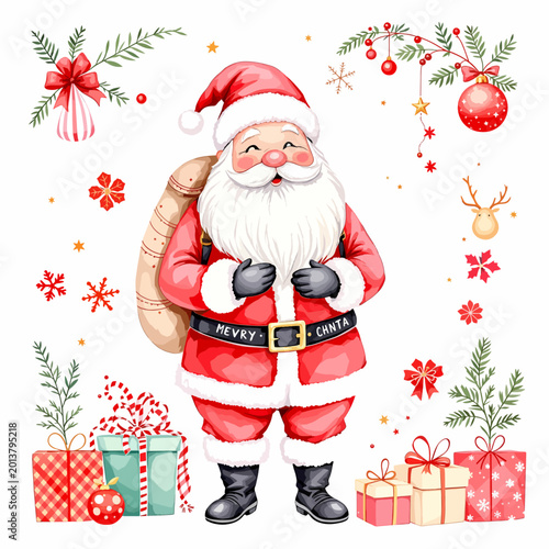Fotografie Charming Christmas illustration of a smiling Santa Claus surrounded by holiday g