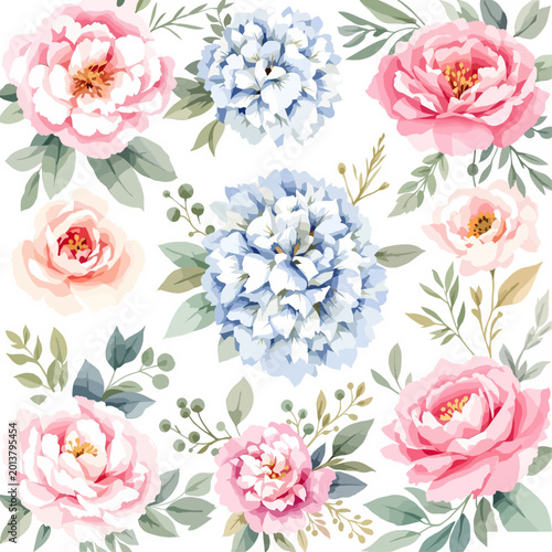 Artistic watercolor rose set showcasing blooming flowers with soft pastel botanical textures and charm.