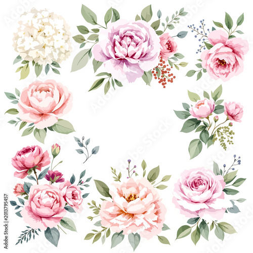 Watercolor rose flower collection featuring delicate blossoms and graceful hand painted floral details.
