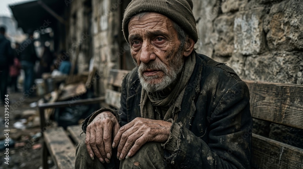 Fototapeta premium Starving elderly man portrait with detailed wrinkles skin texture emotional human condition concept