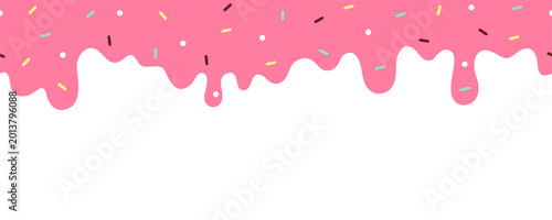 Cute pink dripping icing border with colorful sprinkles and sweet dessert decoration isolated on soft pastel background