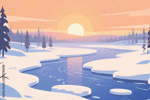 Konstfotografi Winter river landscape with snowy banks, evergreen trees, and warm sunset glow