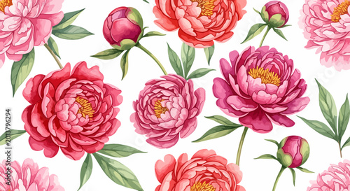 Quadro su tela Tender pink peony flowers and green leaves seamless pattern for feminine textile