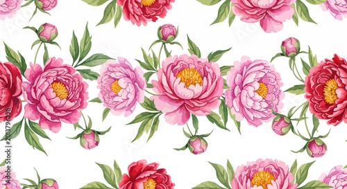 Elegant seamless pattern with blooming pink peonies and buds for chic botanical wallpaper