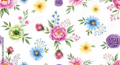 Elegant colorful flower wallpaper featuring watercolor roses, peonies, and vibrant blooming spring blossoms.