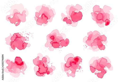 Abstract floral inspired watercolor bursts painted in vivid pink shades with graceful flowing textures.