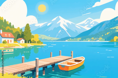 Wooden dock with rowboat on lake, snowy mountains and houses under bright sky.