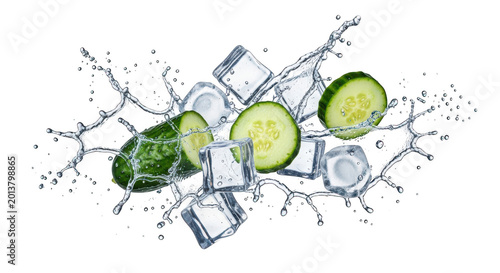 Fresh cucumber slices and ice cubes with water splash isolated on transparent background