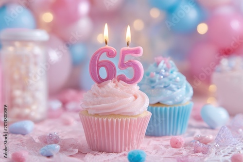 Colorful 65th birthday celebration with cupcakes and candles in pastel decorations