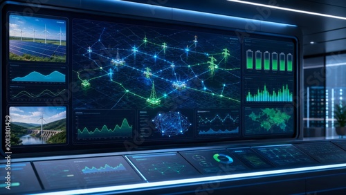 Futuristic smart grid control center dashboard visualizing renewable energy network, battery storage and power distribution data for digital utility management