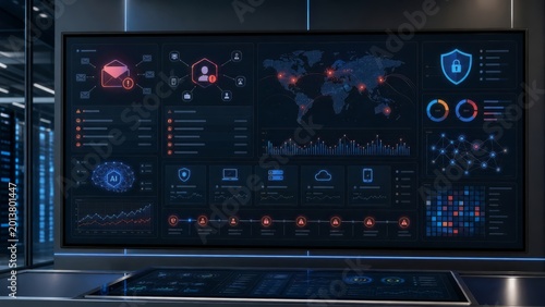 Cybersecurity operations dashboard with threat alerts, global attack map, AI monitoring and security analytics displayed on large screen in dark control room