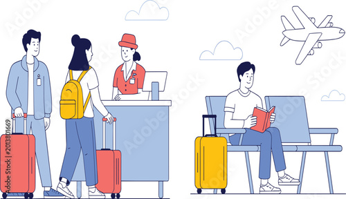 Foto Airport terminal travel vector illustration with passengers at check-in counter