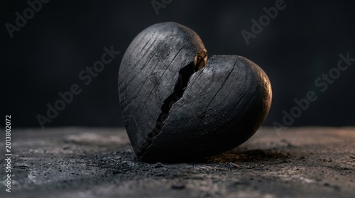 broken heart image as black burned wooden heart with deep central crack on dusty dark surface, dramatic charcoal texture for betrayal, lost affection, sorrow, grief and wounded romance concept