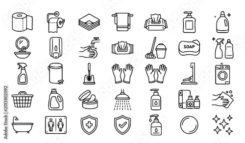 Cleaning service and hygiene line icons set, housework equipment, soap, spray bottle, and sanitation symbols.