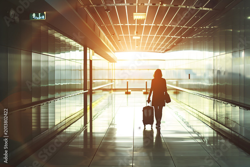 Wide angle interior shot of a spacious modern airport terminal hall filled with diverse passengers walking with luggage while bright sunlight streams through large glass windows with reflections