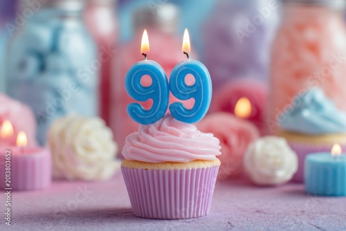 Brightly Colored Cupcake with Number 99 Candles Celebrating Birthday Milestone
