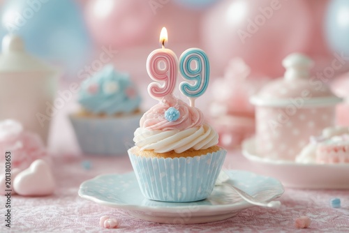 Festive cupcake decorated with candles and pastel pink blue color theme for celebration