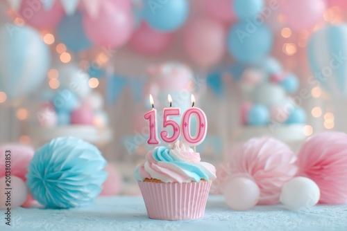 Festive birthday celebration with pastel decorations, candles, and a cupcake with number 150 on top